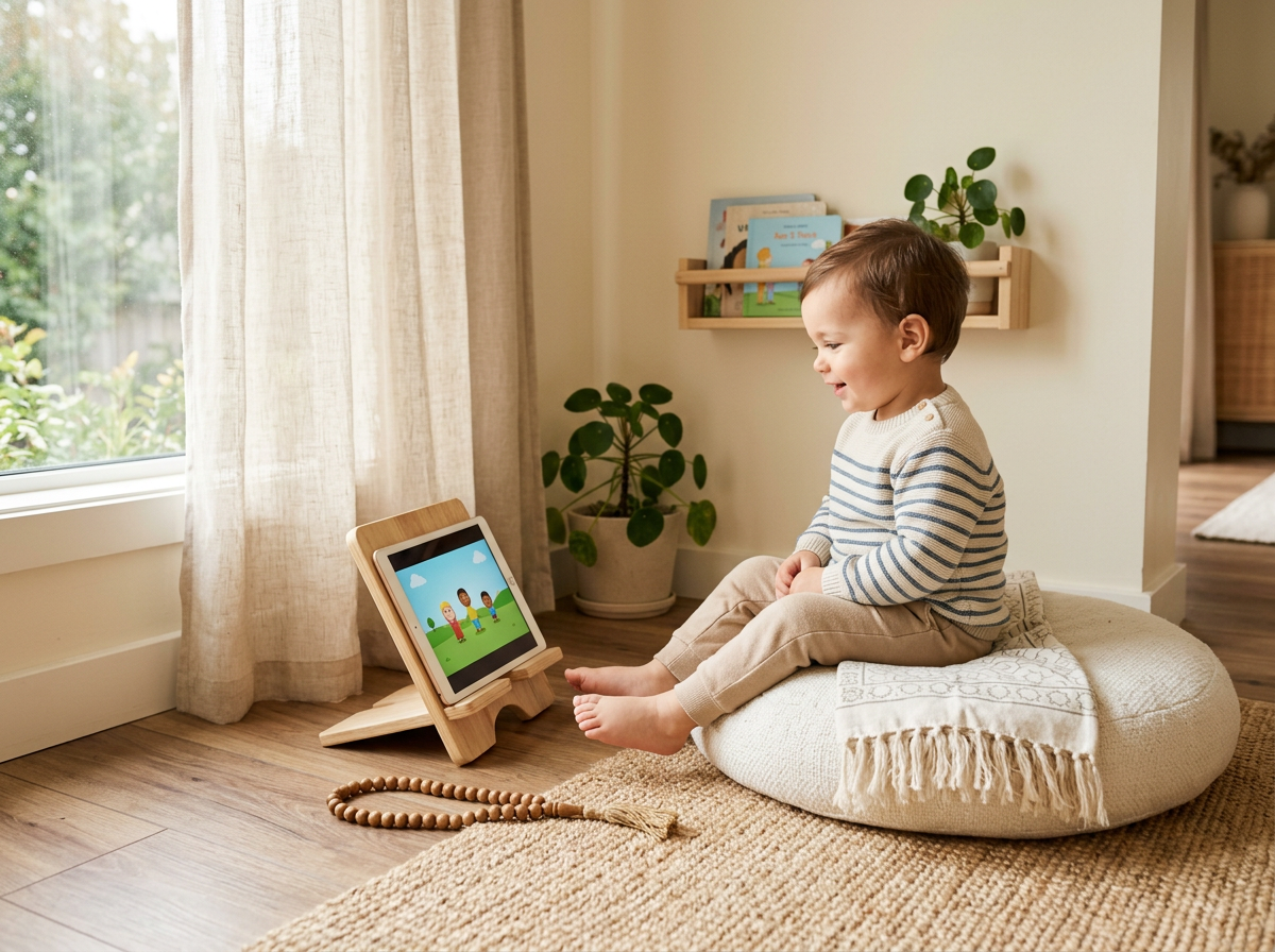 A peaceful and organized digital learning space in a Muslim household, separate from the dining and sleeping areas.