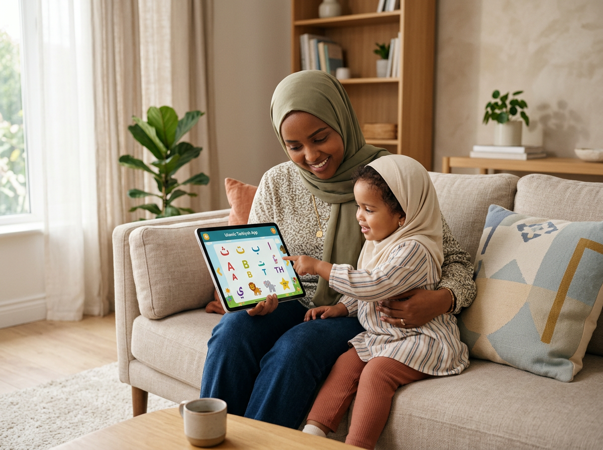 A mother and toddler engaging with a bilingual Islamic learning app in a peaceful, modern home setting.