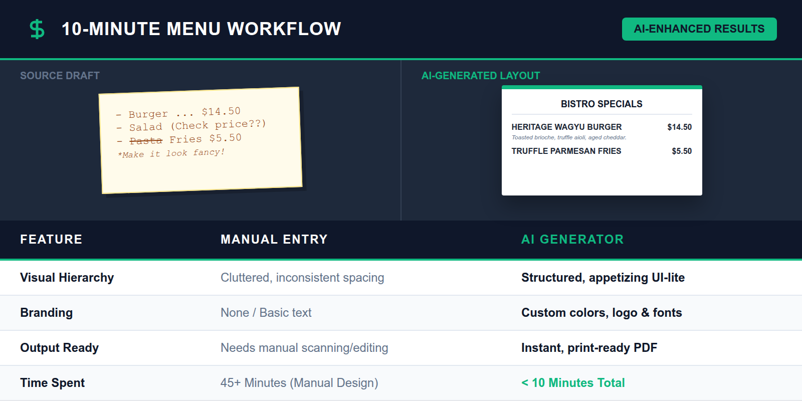 A comparison showing a handwritten list of dishes transformed into a professional restaurant menu.