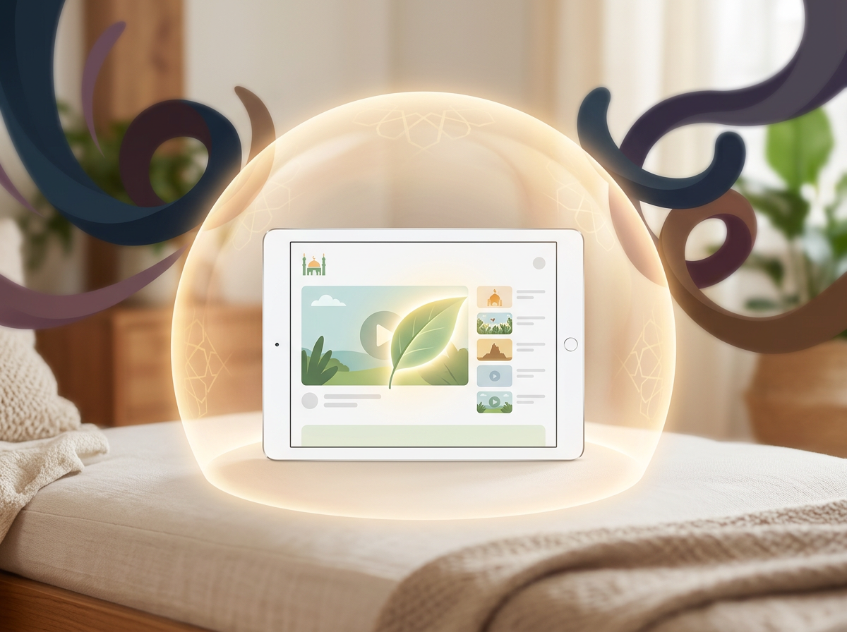 Conceptual art of a protective light shield guarding a screen from chaotic digital distractions, symbolizing safe curated content.