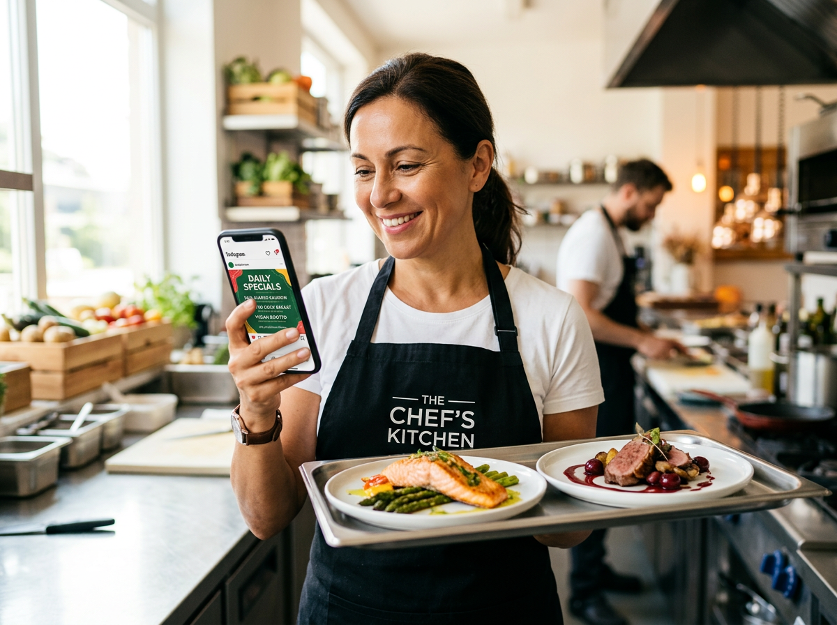 A restaurant owner in a sunlit kitchen easily posting daily dinner specials to social media using the restaurant menu maker.