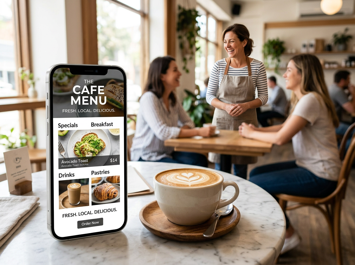 A smartphone displaying a mobile-optimized restaurant menu with high-quality AI-generated food images.