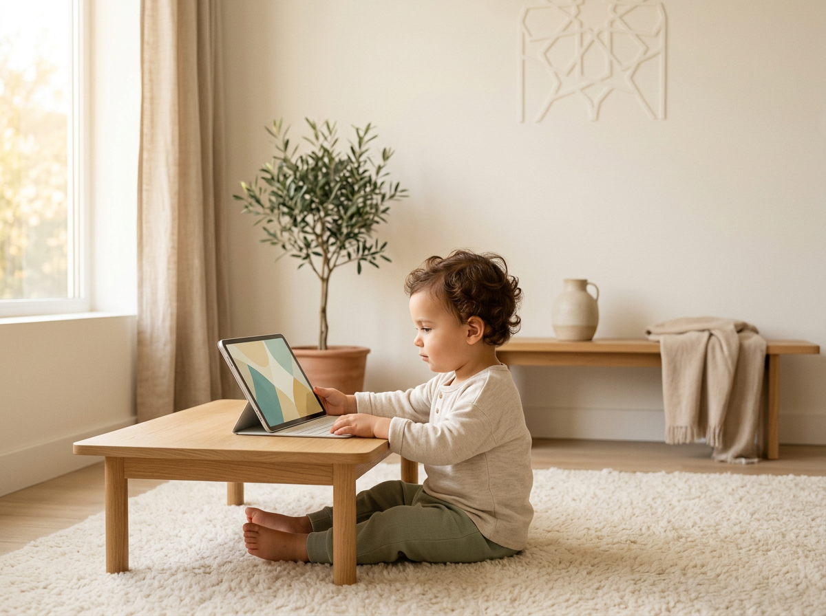 A calm Muslim toddler engaging with peaceful digital content in a minimalist, serene home environment.