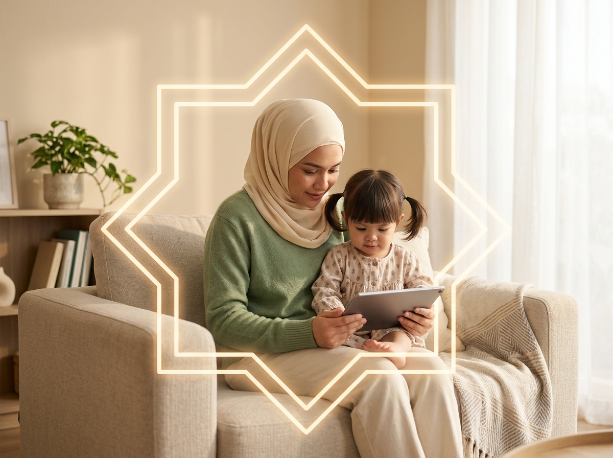 A peaceful scene of a father and toddler engaging with a screen in a controlled, safe environment, with soft light and protective overlays.