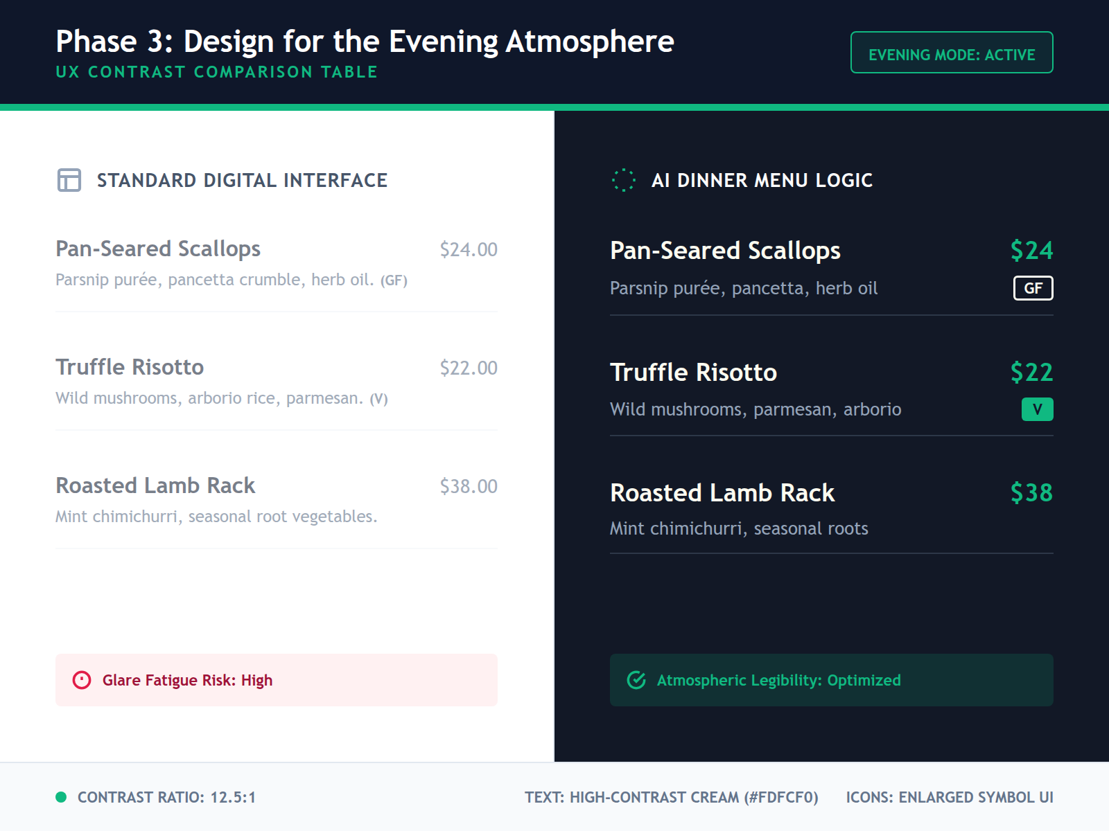 Comparison table showing standard digital menu vs. high-contrast AI-optimized evening menu with improved low-light legibility.