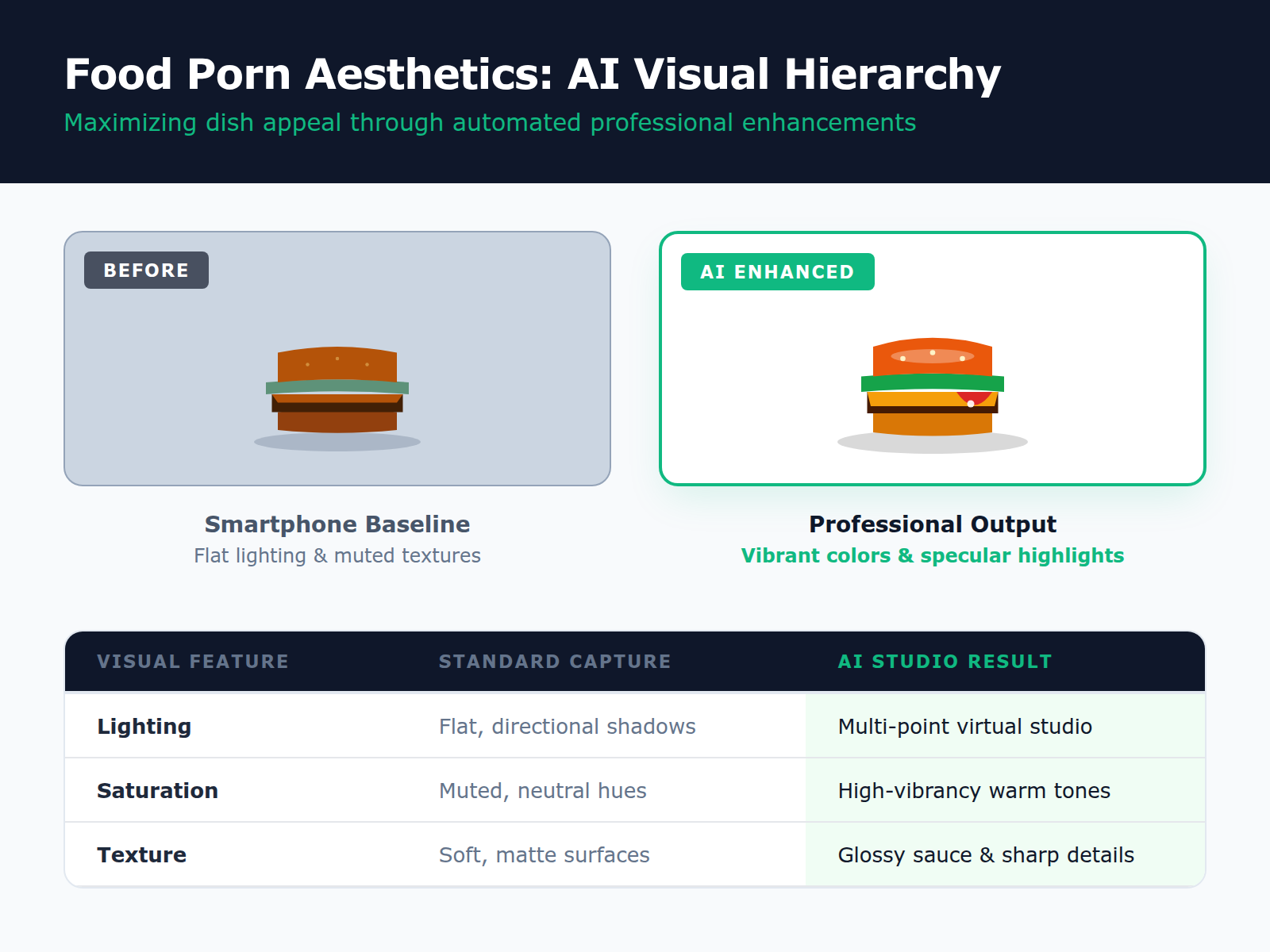 Comparison showing a dull smartphone photo of a burger versus an AI-enhanced version with professional lighting and appetizing glossiness.