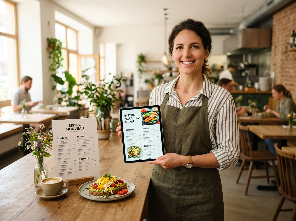 A restaurant owner in her establishment, symbolizing the peace of mind that comes with owning her digital storefront and assets.