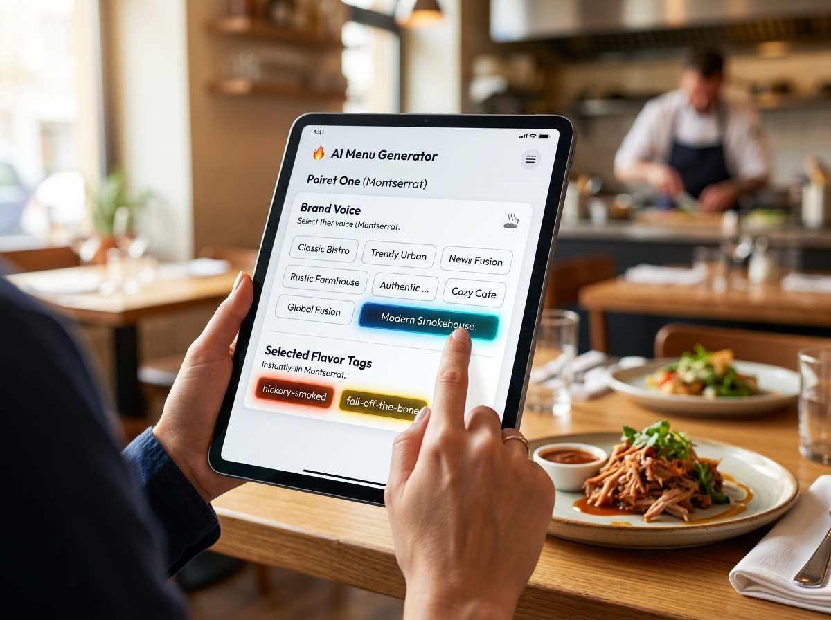 A conceptual visual showing how a restaurant owner selects a specific cuisine profile to generate authentic menu copy.