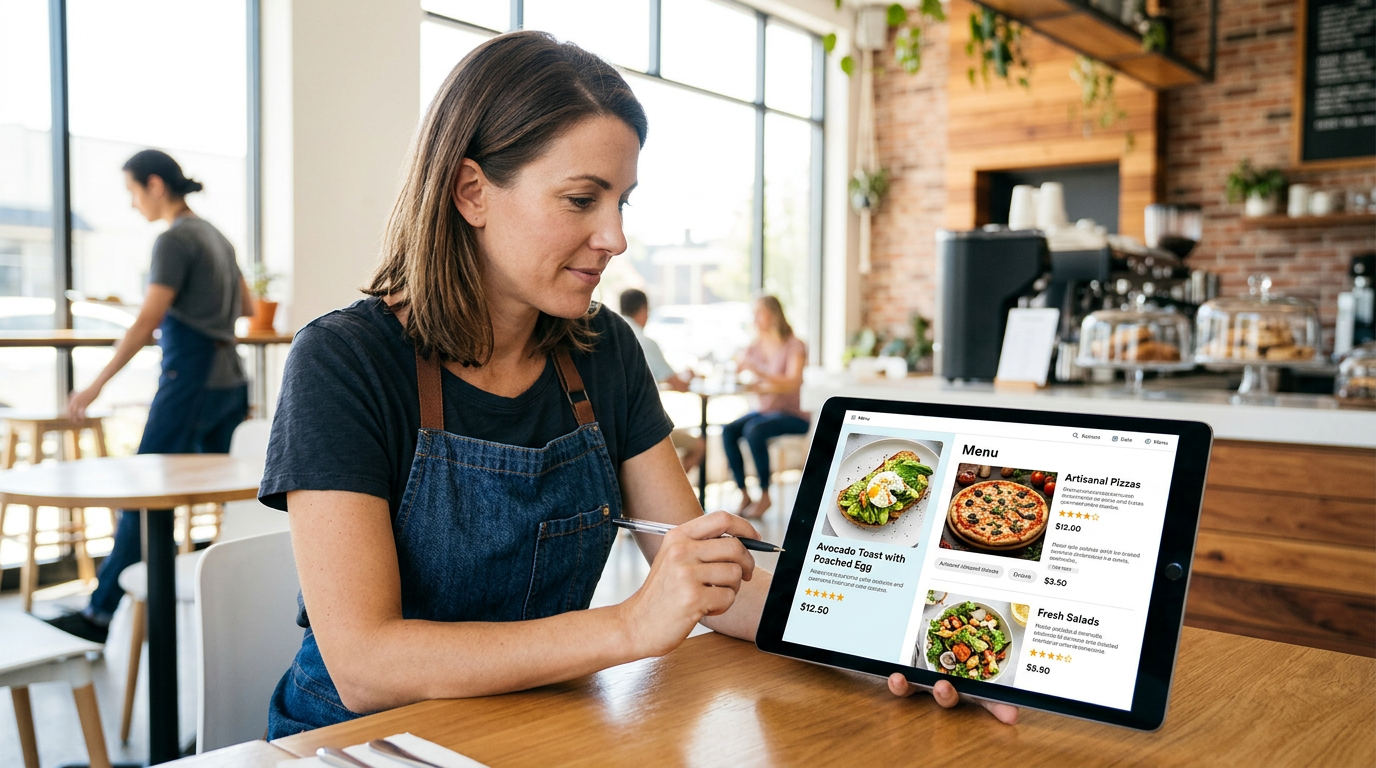 A restaurant owner successfully managing his digital menu on a tablet in a bright, modern cafe setting.