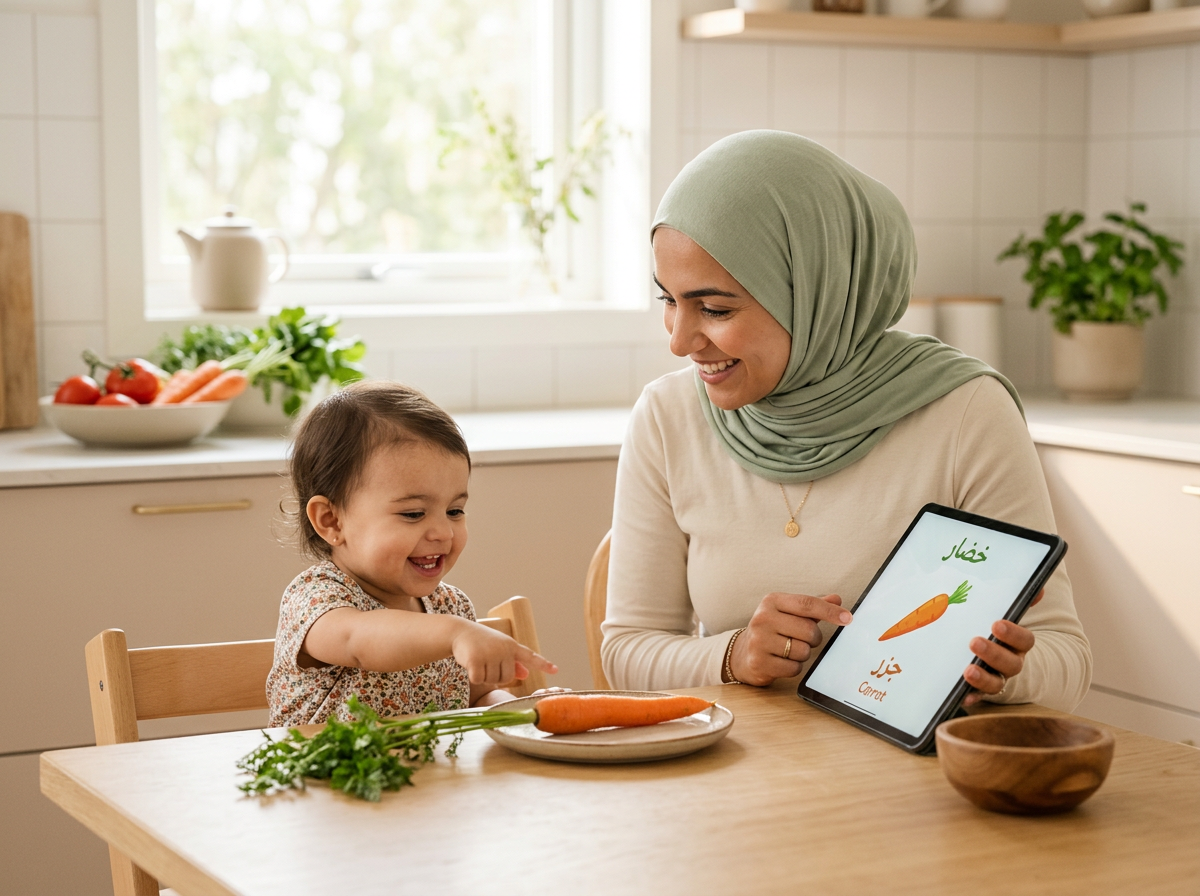 A mother and toddler practicing 'Active Mediation' by connecting digital Arabic flashcards to real vegetables in their home kitchen.