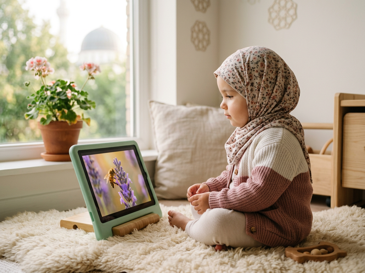 A toddler using a device for nature-based learning in a calm, sun-drenched home environment, reflecting on Allah's creation.
