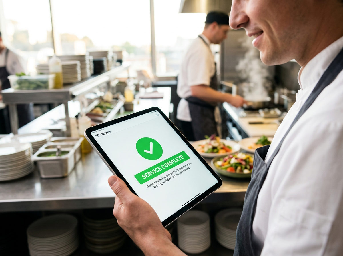 A close-up of a tablet screen in a restaurant kitchen confirming a successful menu update and data save.