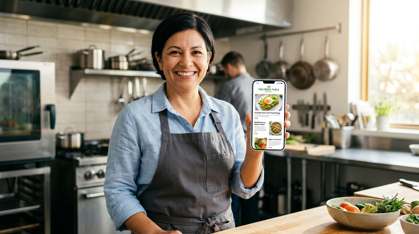 A restaurant owner looking at a professional, mobile-responsive menu on a smartphone in their kitchen.