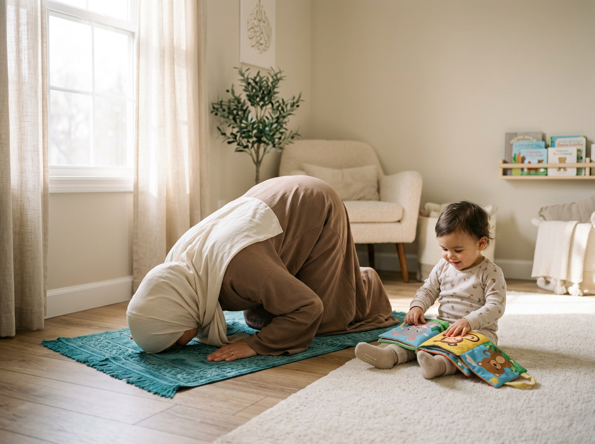 A serene image of a toddler playing quietly in the same room while their parent performs Salah, illustrating the 'Sujud Shadow' concept.