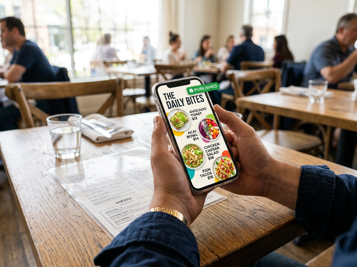 A smartphone showing a professionally designed digital menu storefront, highlighting the result of the 10-minute AI workflow.