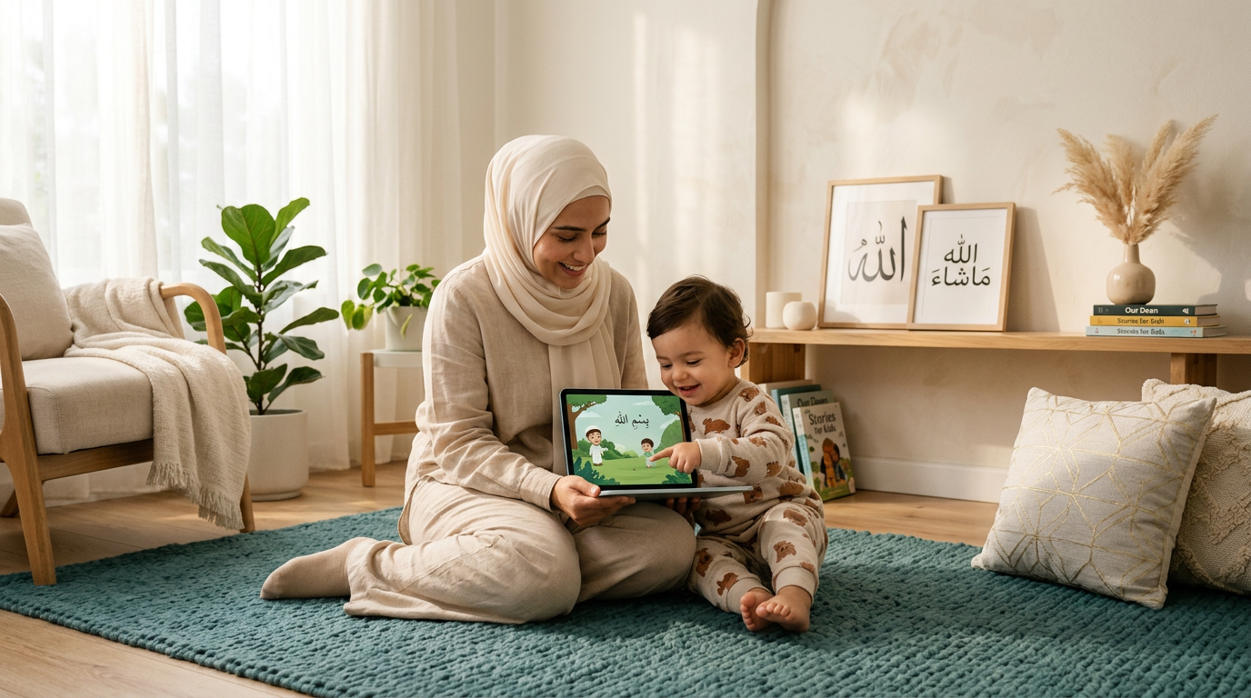 A Muslim parent and child in a sunlit home environment, demonstrating the concept of digital amanah through shared, calm screen time.