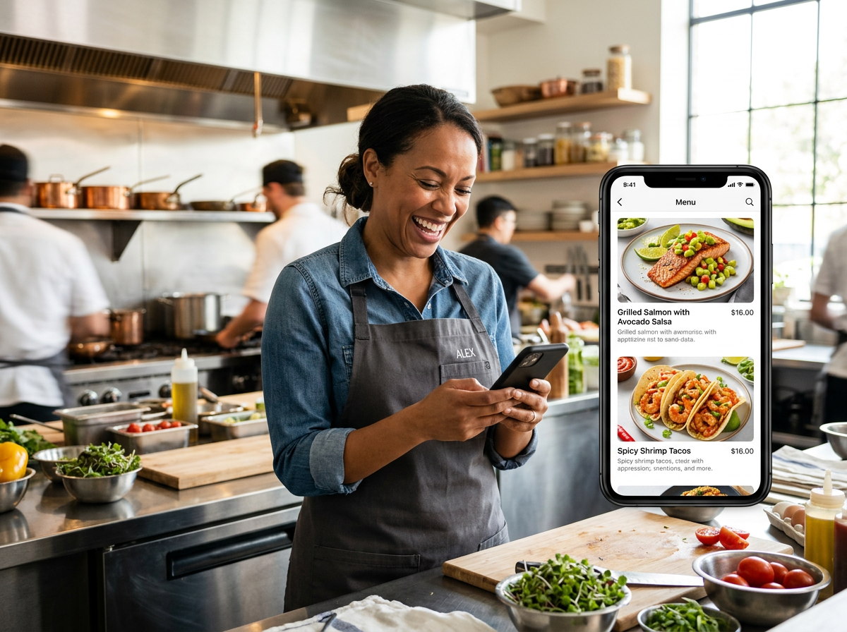 A happy restaurant owner looking at his professional AI-generated menu on a smartphone in his kitchen.