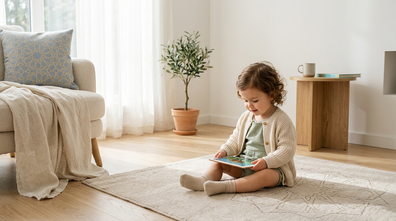 A toddler engaging calmly with a tablet in a serene, sunlit home environment, representing the Digital Sanctuary concept.