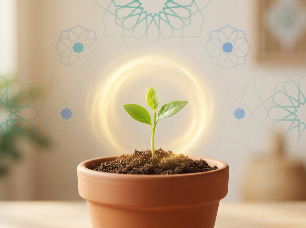 Conceptual art of a sprout protected by light, symbolizing a child's Fitra and the Amanah of parental protection.