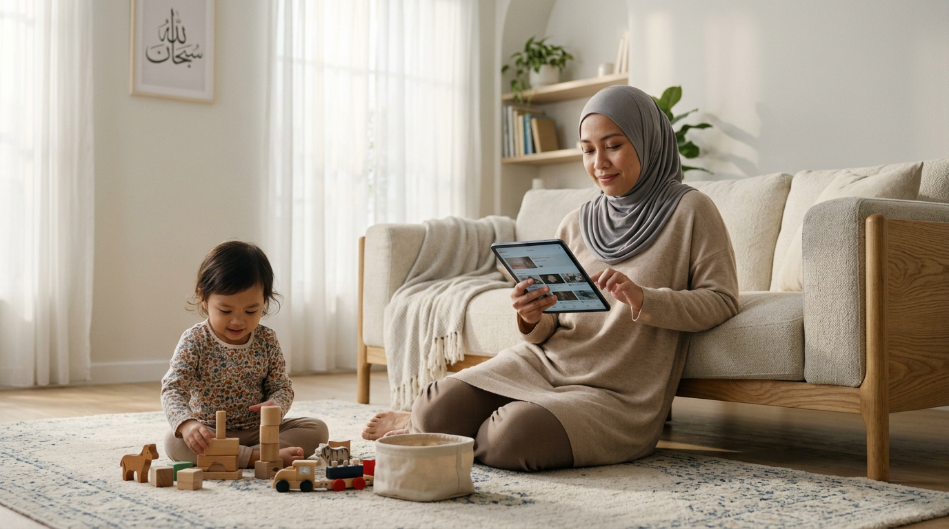 A Muslim mother looking tired while vetting content on a tablet in a peaceful home setting, symbolizing digital burnout.