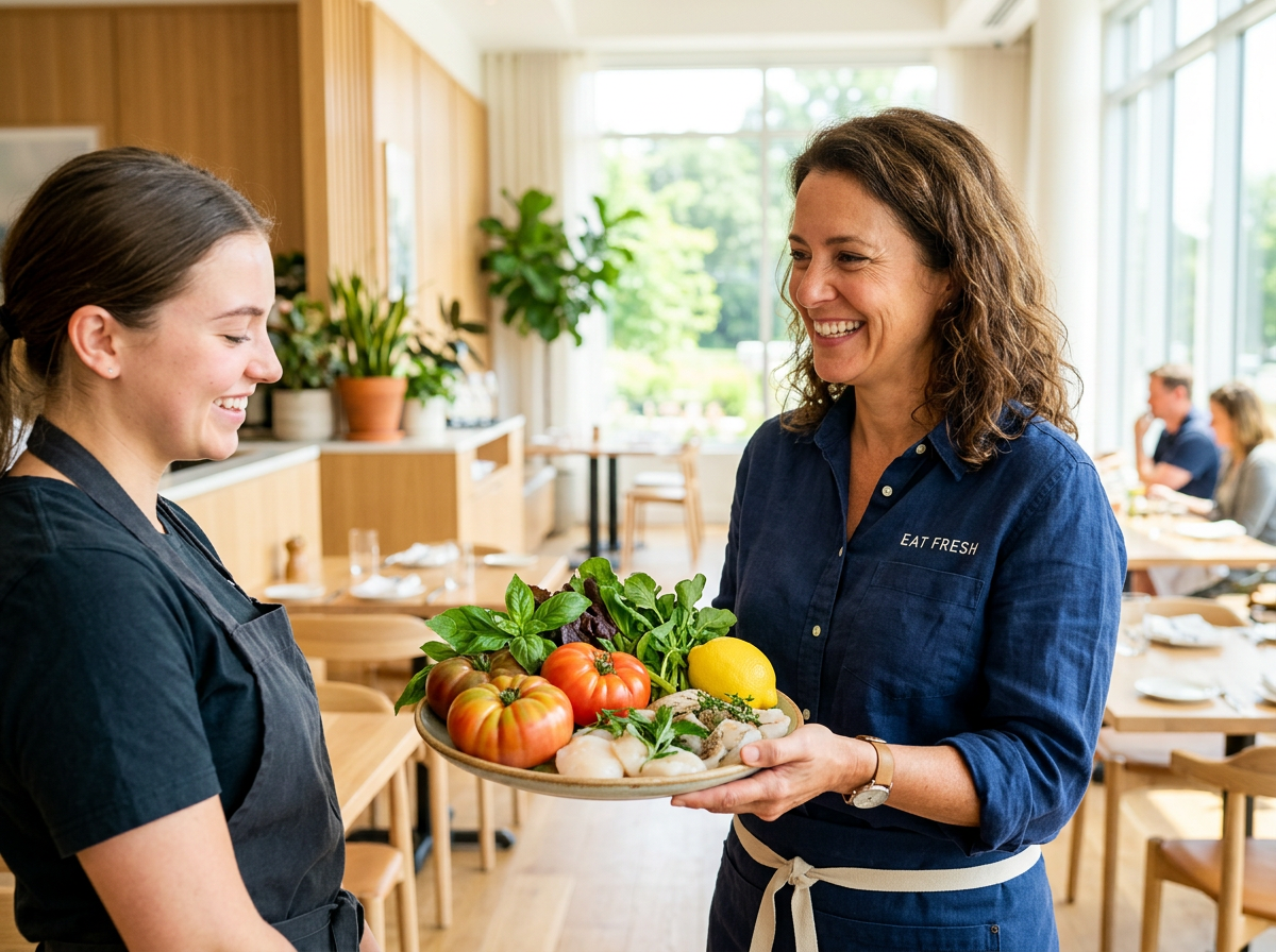 A restaurant owner in a professional kitchen setting, focusing on premium food ingredients and staff interactions.
