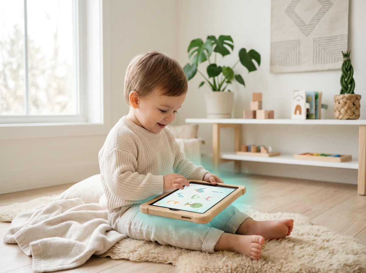 A peaceful toddler learning the Arabic alphabet on a protected digital platform in a bright, minimalist home.