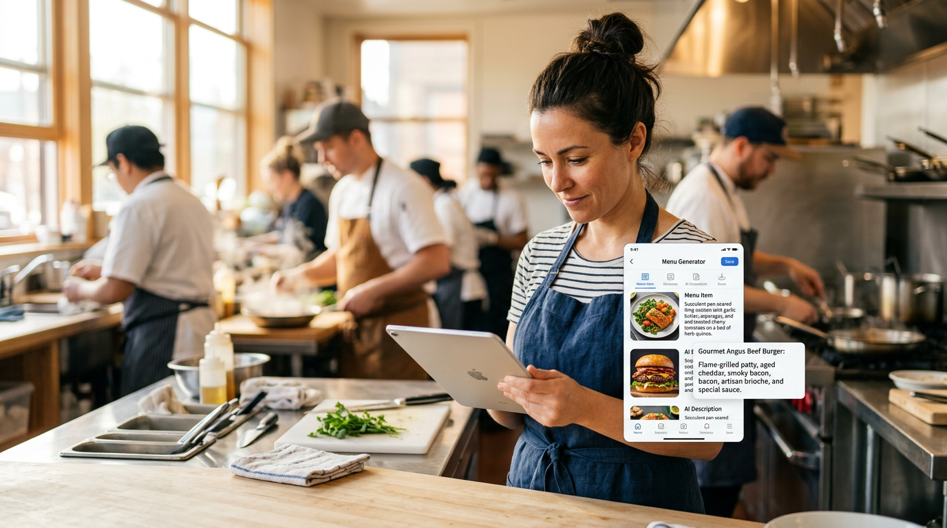 A busy chef in a bright kitchen viewing a high-quality digital menu on a mobile device.