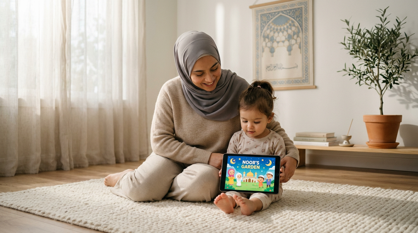 A mother and toddler sitting in a sunlit, peaceful living room engaging with safe Islamic media on a tablet.