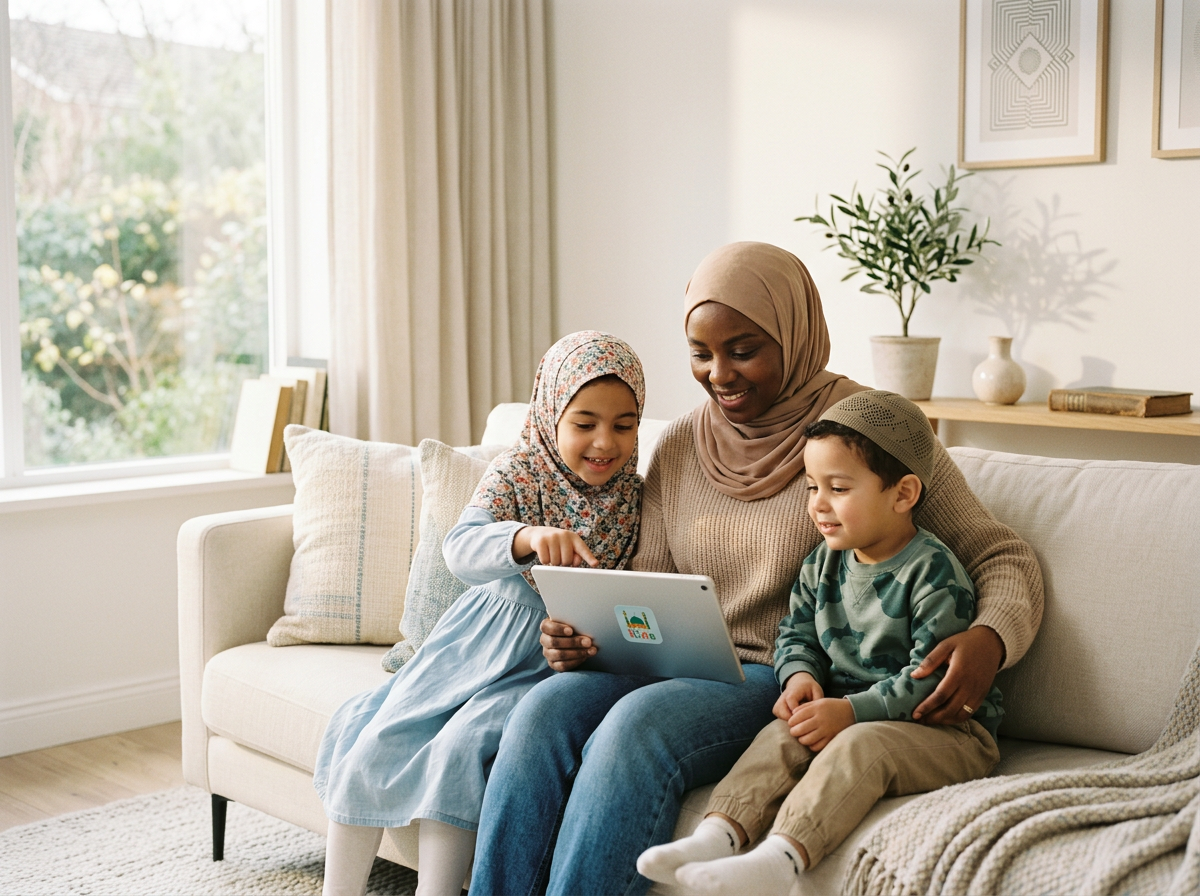 A Muslim family sitting together in a serene home setting, engaging with educational content on a tablet in a safe digital environment.