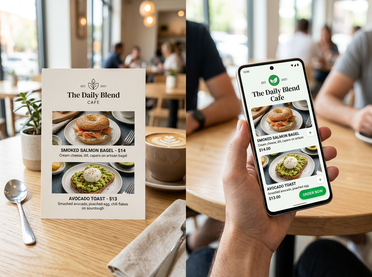 A conceptual split-screen showing a physical menu card next to its digital, mobile-responsive website counterpart on a smartphone.