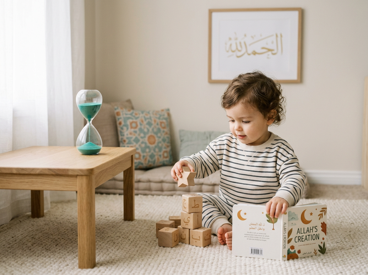 A serene photo of a toddler engaging in quiet, tactile play in a designated home corner.