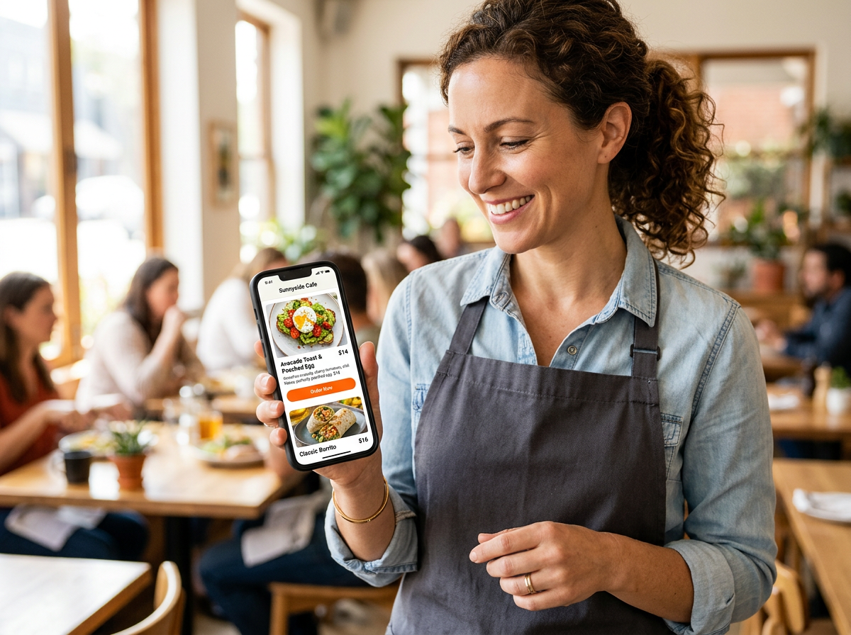A mobile-optimized digital storefront displayed on a smartphone in a professional restaurant setting.
