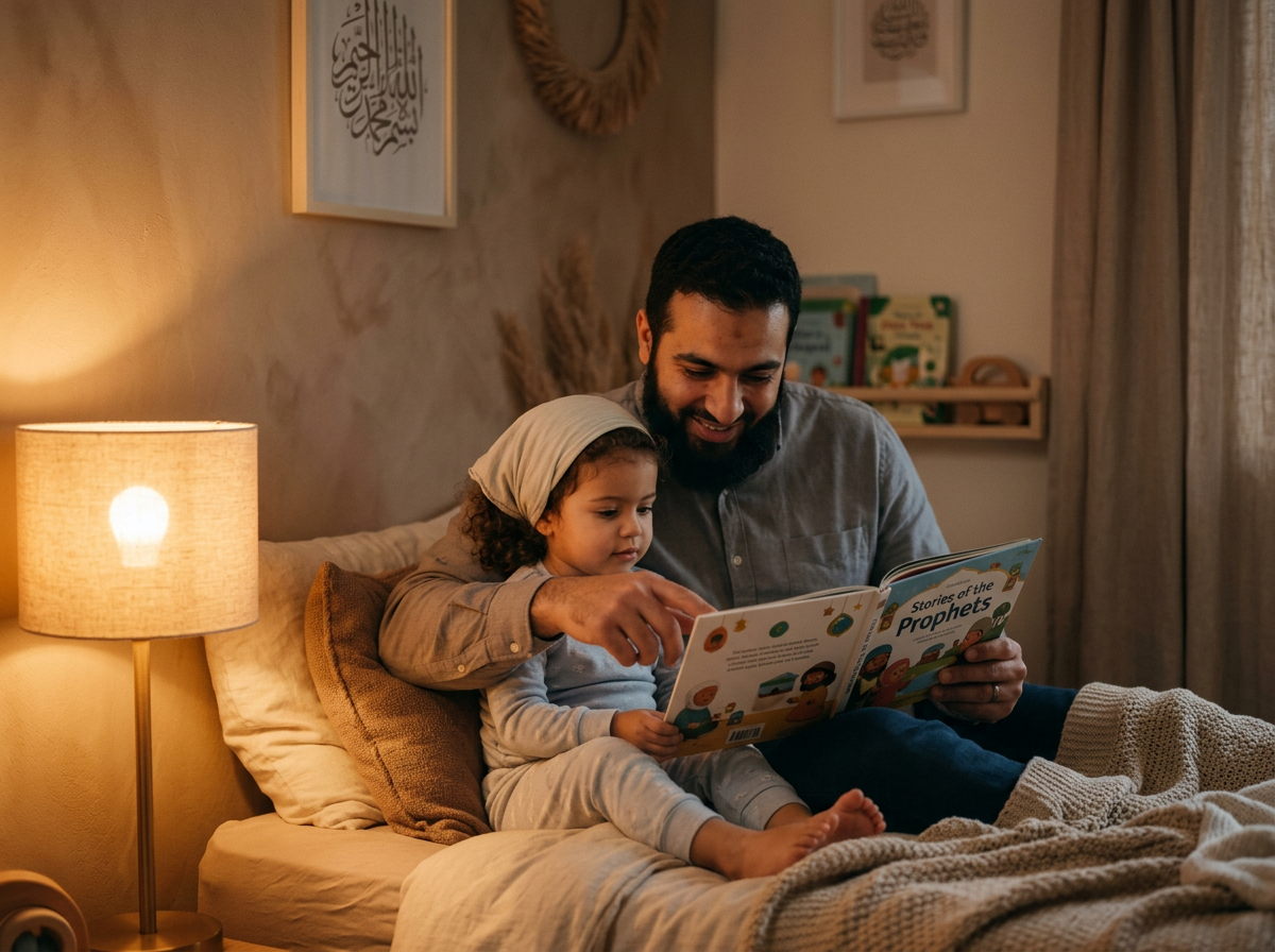 A peaceful moment of a father and toddler reading together in a screen-free, warm bedroom setting.