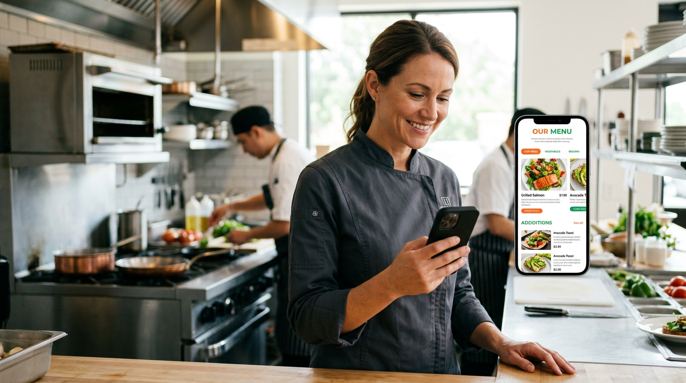 A restaurant manager viewing a sleek digital menu on their phone in a kitchen setting, representing the shift from manual design to automated results.