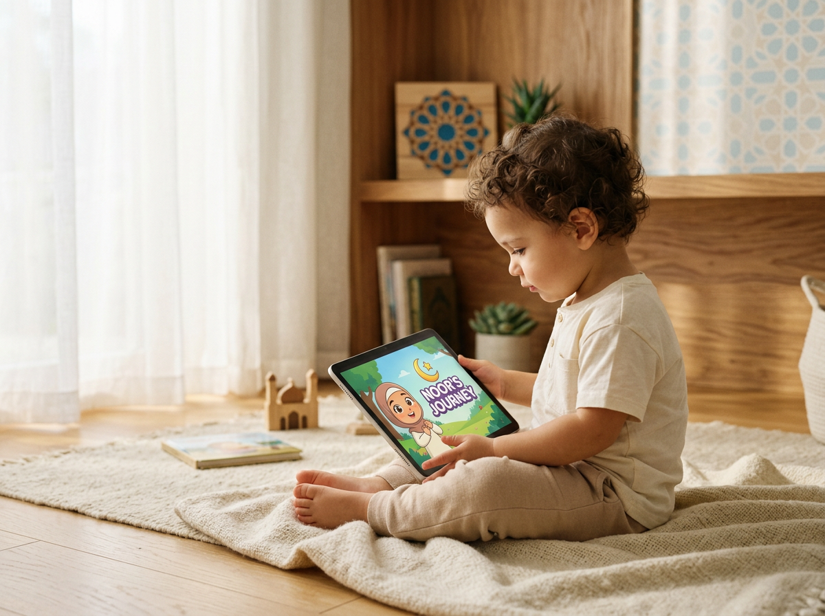 A serene scene of a child engaged with a safe, spiritual digital environment in a tranquil home.