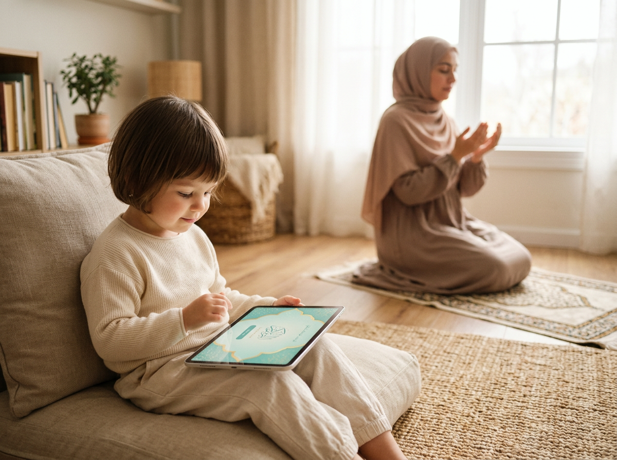 A peaceful home scene showing a mother praying while her child is safely engaged with a faith-based app, illustrating the concept of a digital sanctuary.