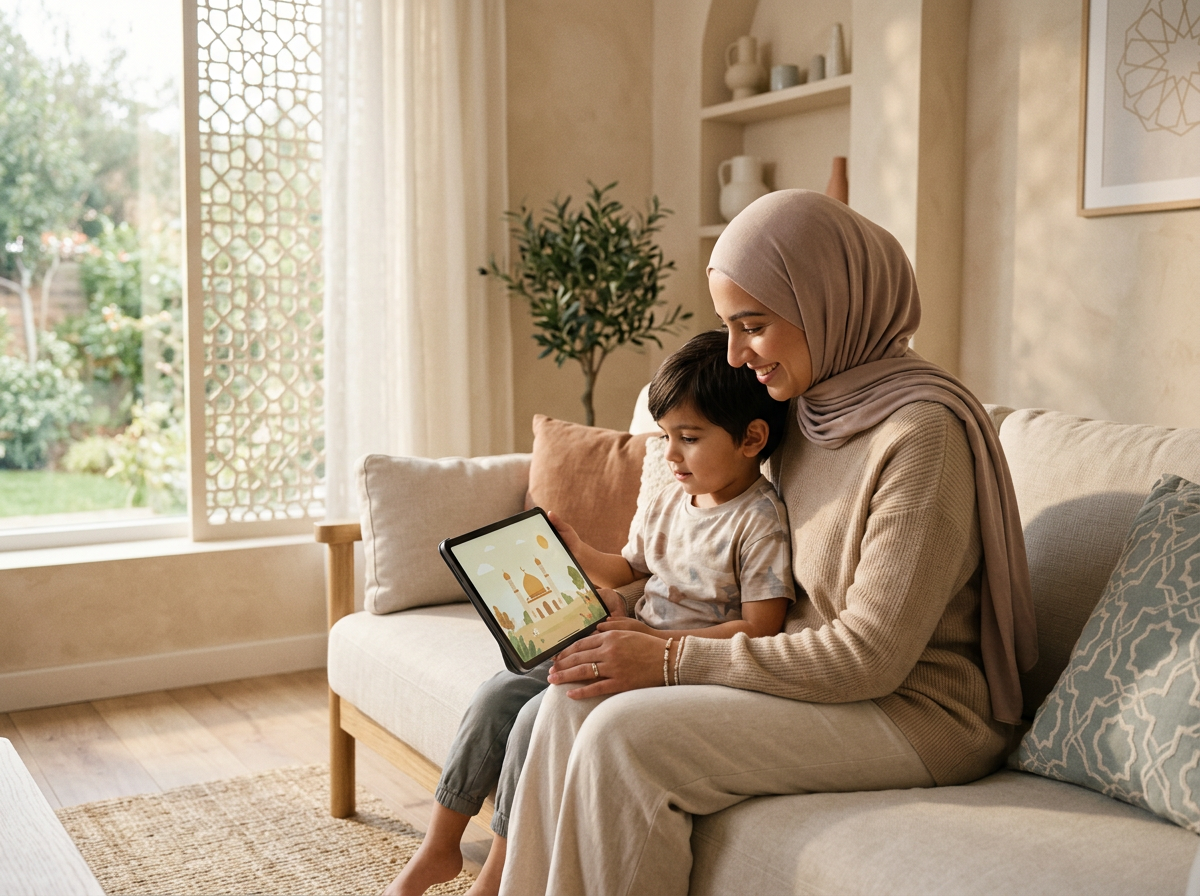 A serene and warm lifestyle image of a Muslim mother and child sitting together in a sun-drenched, peaceful home environment, looking at a tablet with expressions of calm and security.