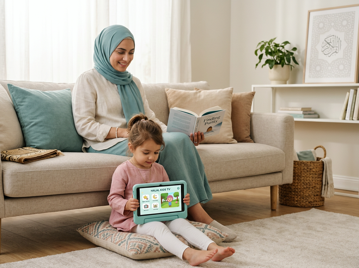 A relaxed parent enjoying peace of mind while their child is safely engaged with a Halal streaming platform in a serene, sunlit living room.