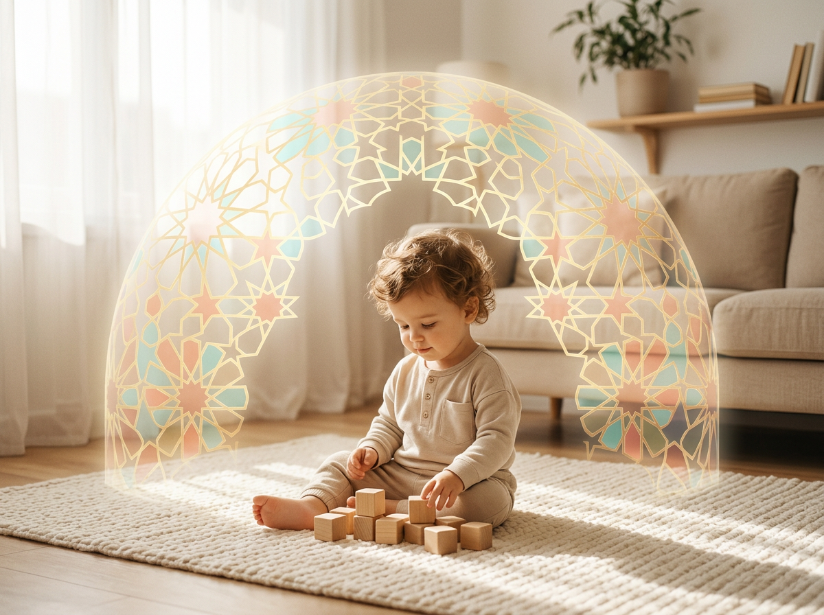 A conceptual image of a peaceful toddler protected by a glowing geometric pattern, representing the spiritual foundation of Fitra.
