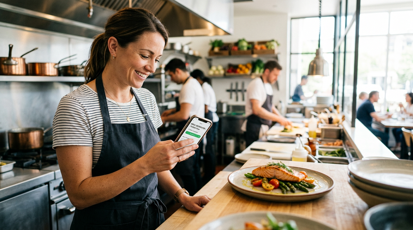 A restaurant owner efficiently managing their business using a smartphone in a bright, modern kitchen setting.