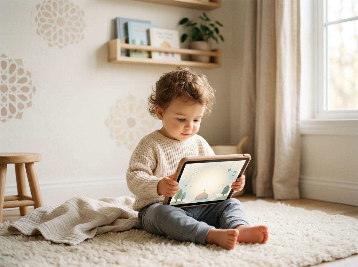 A toddler sitting in a serene, sunlit living room, engaging calmly with a screen that reflects a warm, gentle light, symbolizing the preservation of Digital Fitra.