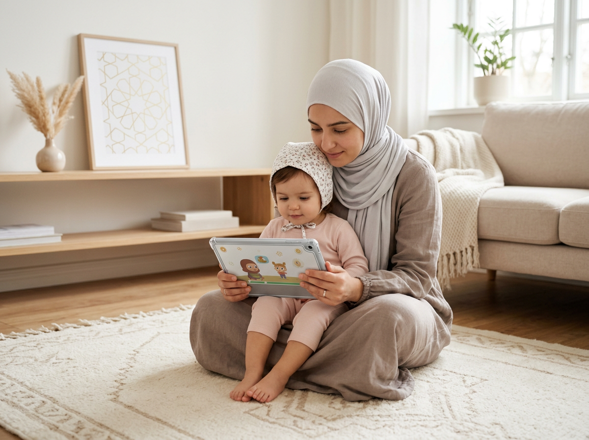 A mother and toddler sharing a peaceful, ad-free digital learning moment in a warm, serene home environment.