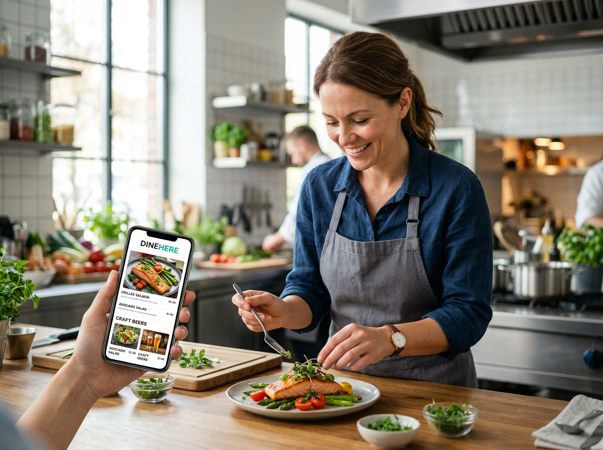 A smiling restaurant owner using their phone to view their professional AI-generated menu in a bright kitchen.
