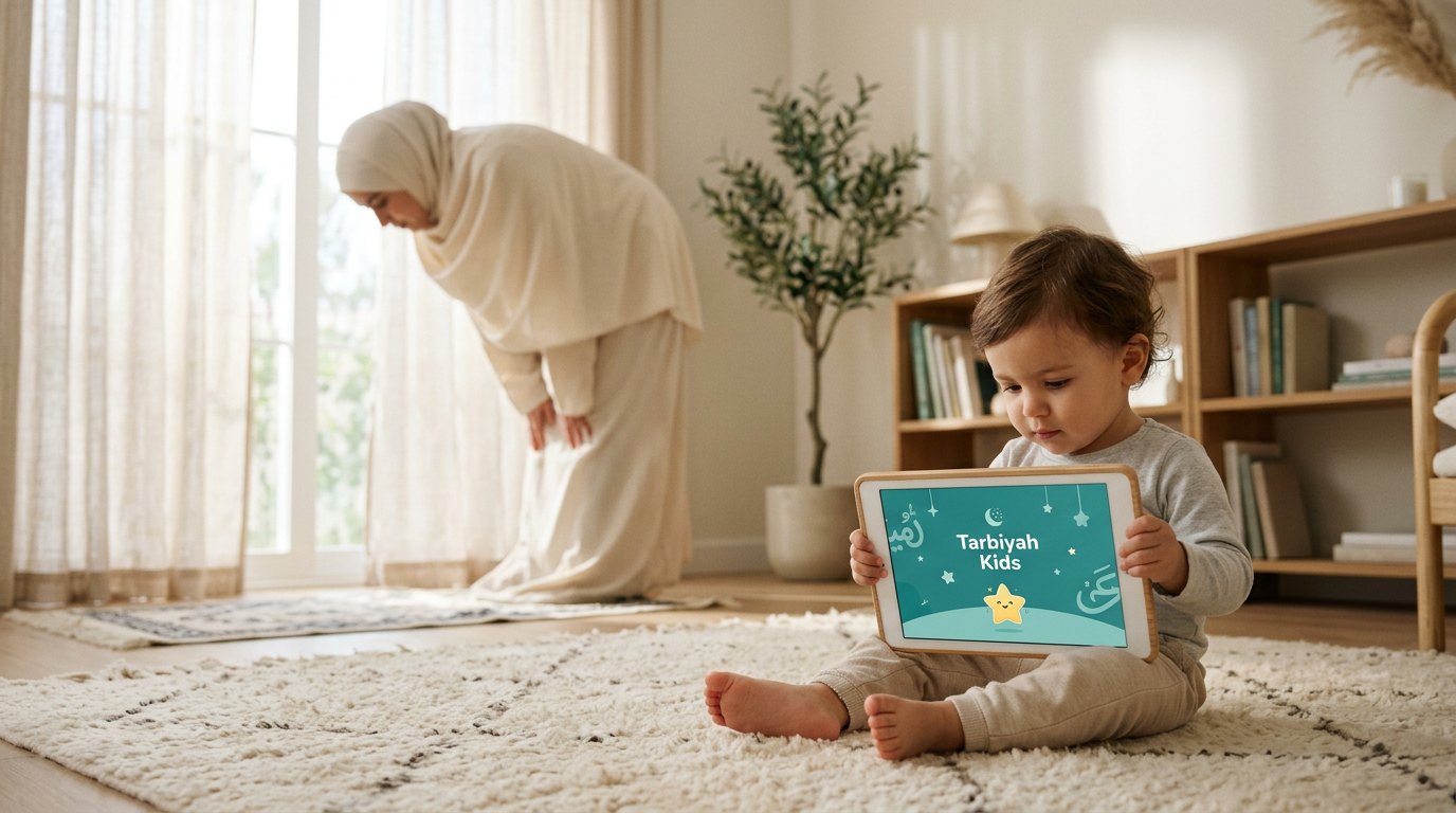 A peaceful home scene where a mother prays in the background while her toddler sits calmly with a tablet in a sunlit, serene living room.