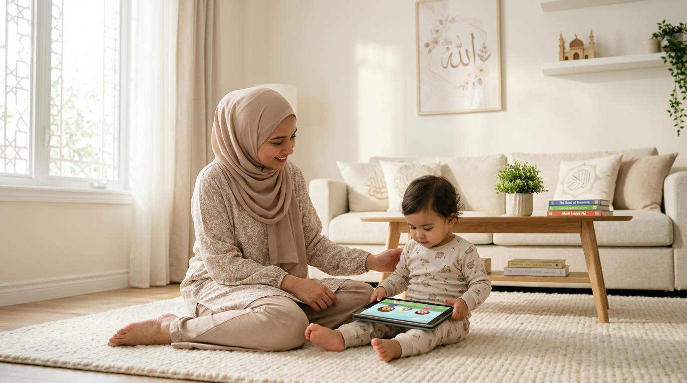 A serene home setting showing a Muslim mother and toddler using a tablet mindfully in a calm, sunlit room.