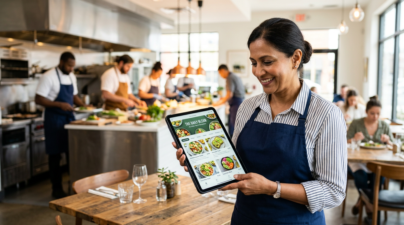 A restaurant owner successfully using a digital device to manage a modern menu design in a sunlit restaurant.