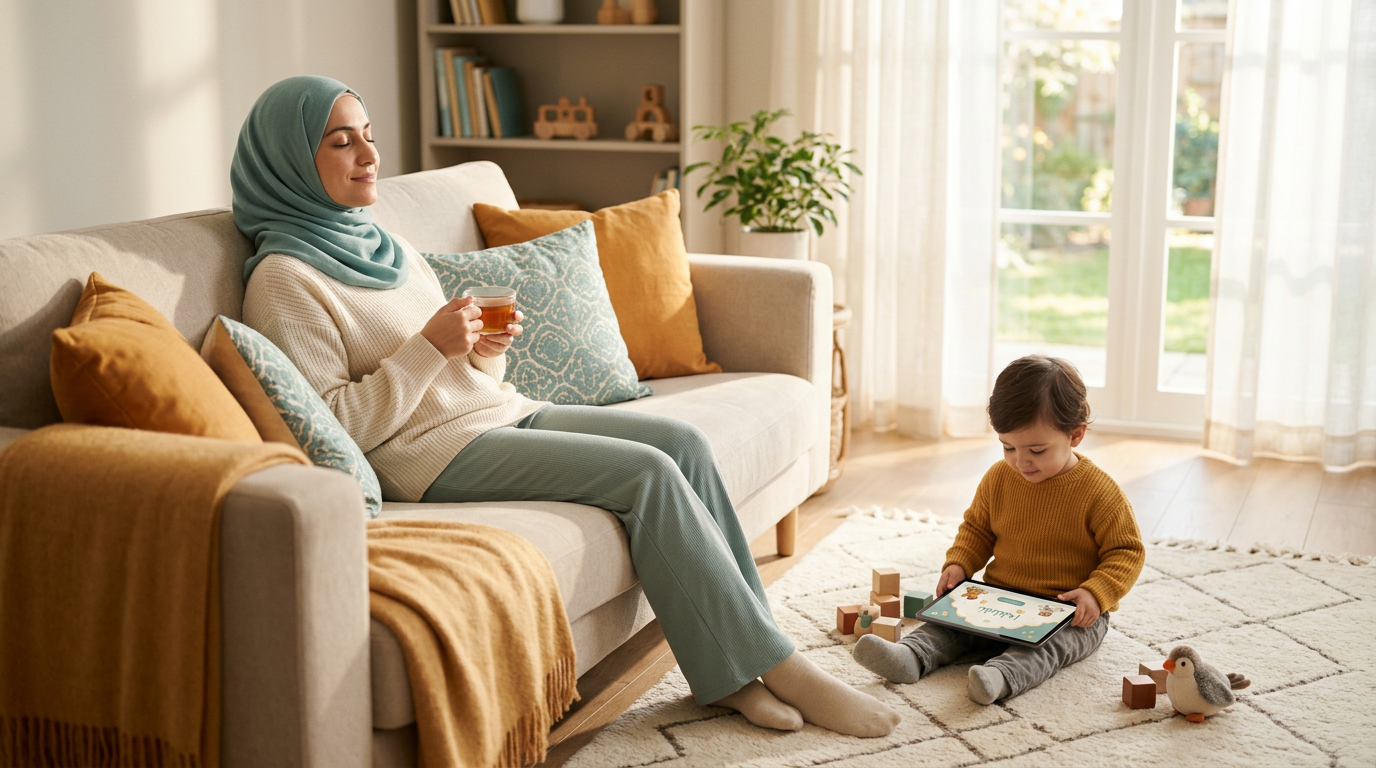 A tranquil home scene depicting a mother taking a restorative break while her toddler engages with safe, faith-aligned digital content.