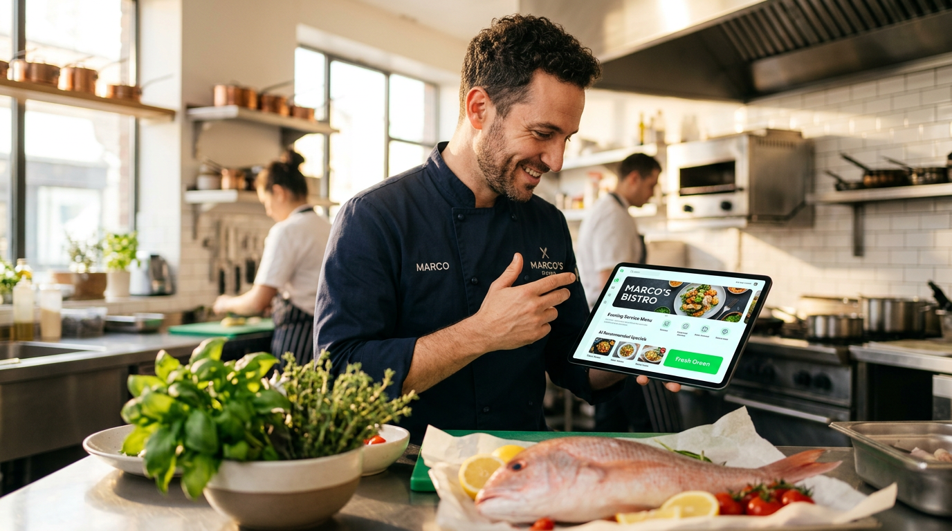 A professional chef in a sunlit kitchen using a tablet to update his restaurant's menu specials just before opening service.