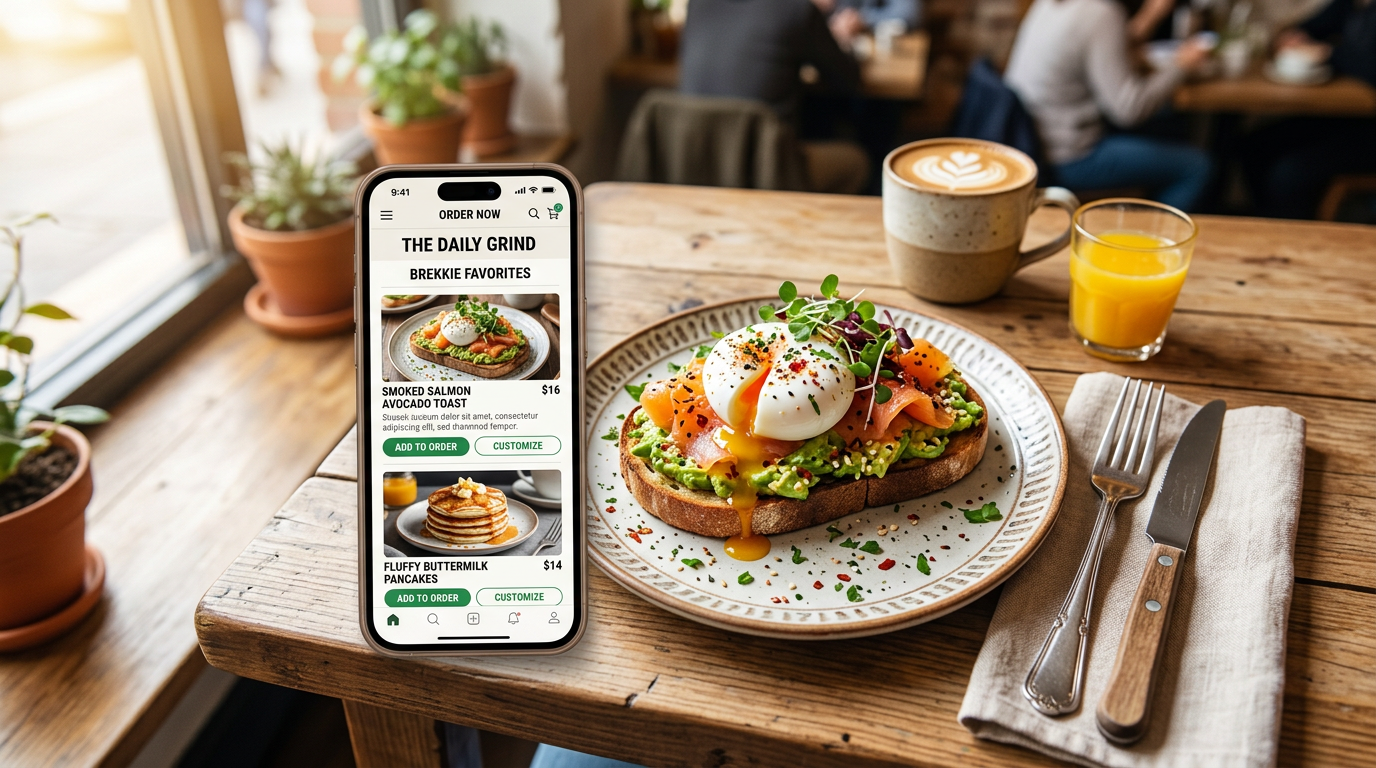A beautifully plated restaurant dish next to a smartphone displaying a high-conversion AI-designed menu.