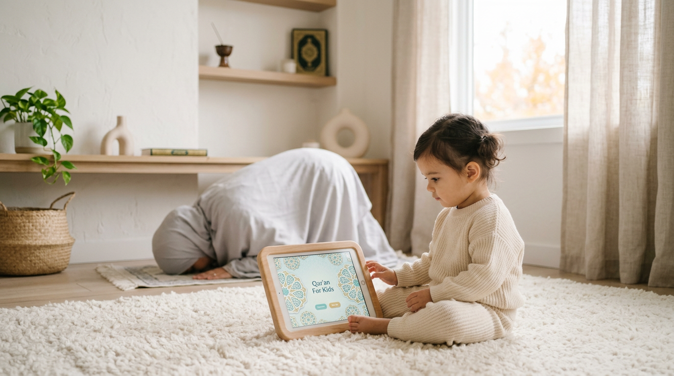 A peaceful home interior with a mother praying and a toddler using a tablet in a soft-lit, minimalist environment.